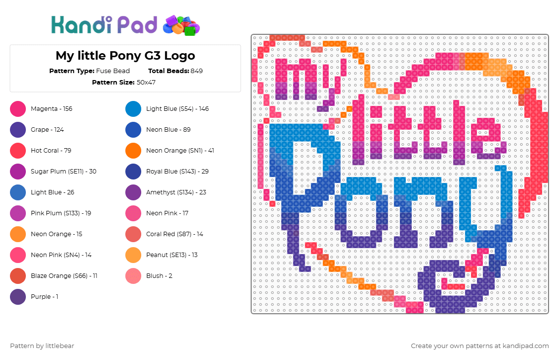 My little Pony G3 Logo - Fuse Bead Pattern by littlebear on Kandi Pad - pink,blue,my little pony,mlp,g3,my little pony g3,cartoons,tv shows