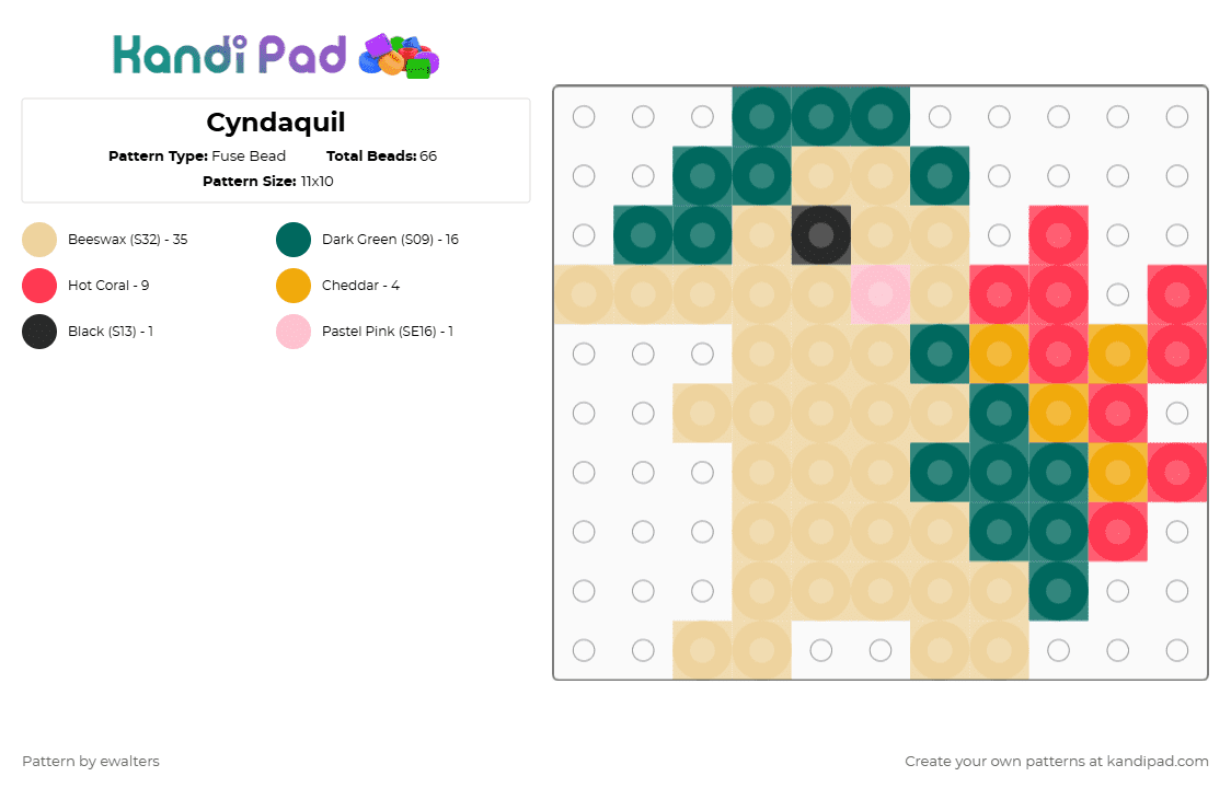 Cyndaquil - Fuse Bead Pattern by ewalters on Kandi Pad - teal,beige