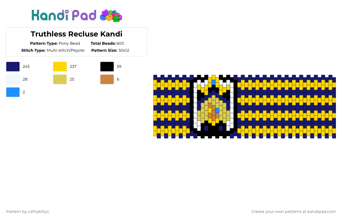 Truthless Recluse Kandi - Pony Bead Pattern by cathykittyc on Kandi Pad - cookie run kingdom, multistich, pure vanilla, purple, truthless recluse, yellow