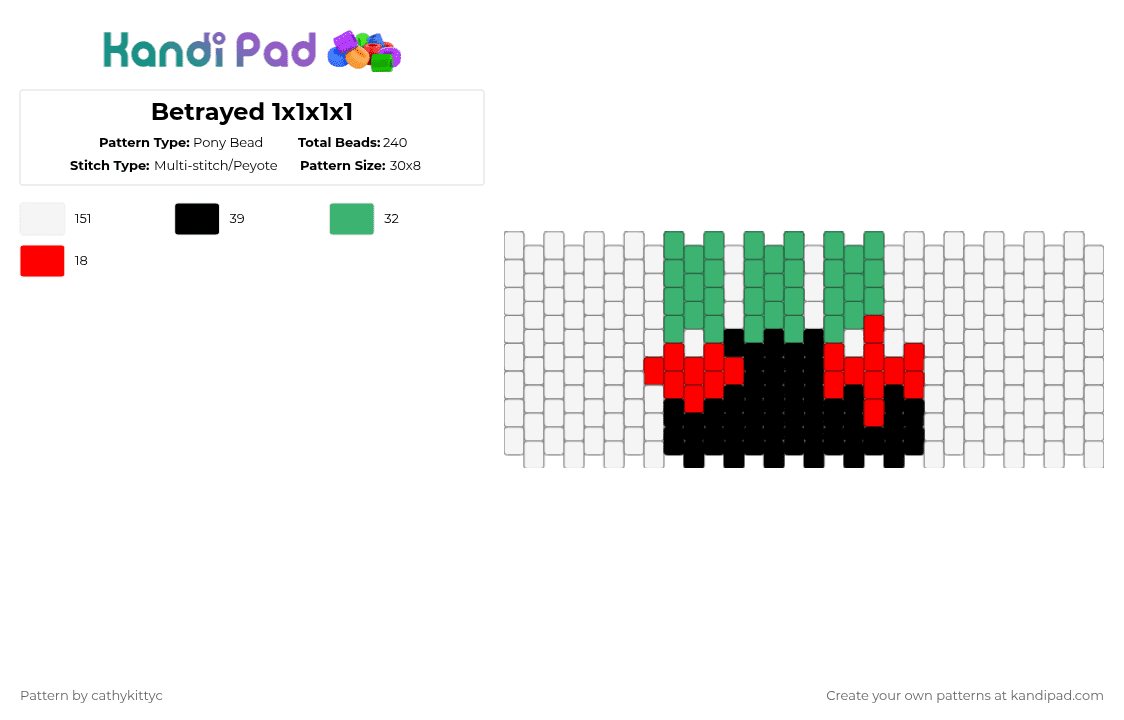 Betrayed 1x1x1x1 - Pony Bead Pattern by cathykittyc on Kandi Pad - white,green,red