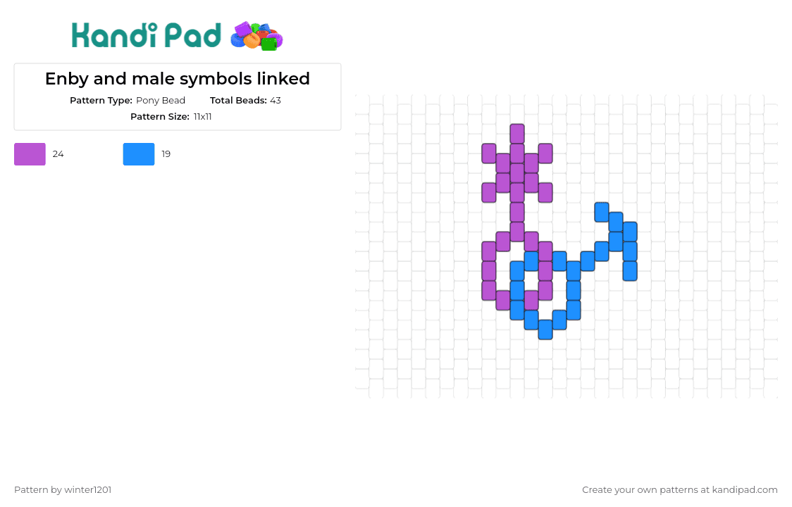Enby and male symbols linked - Pony Bead Pattern by winter1201 on Kandi Pad - nonbinary,male,diversity,unity,pride,blue and purple,harmonious,linked symbols