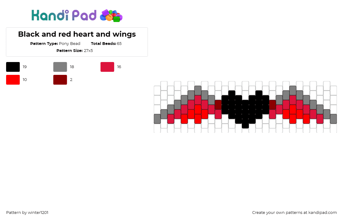 Black and red heart and wings - Pony Bead Pattern by winter1201 on Kandi Pad - heart,wings,black,red,evocative,love,freedom,striking,passionate,expressive