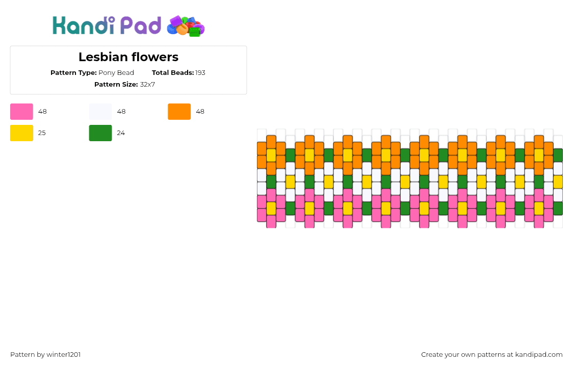 Lesbian flowers - Pony Bead Pattern by winter1201 on Kandi Pad - flowers,lesbian,daisies,pride,cuff,garden,orange,white,pink,green