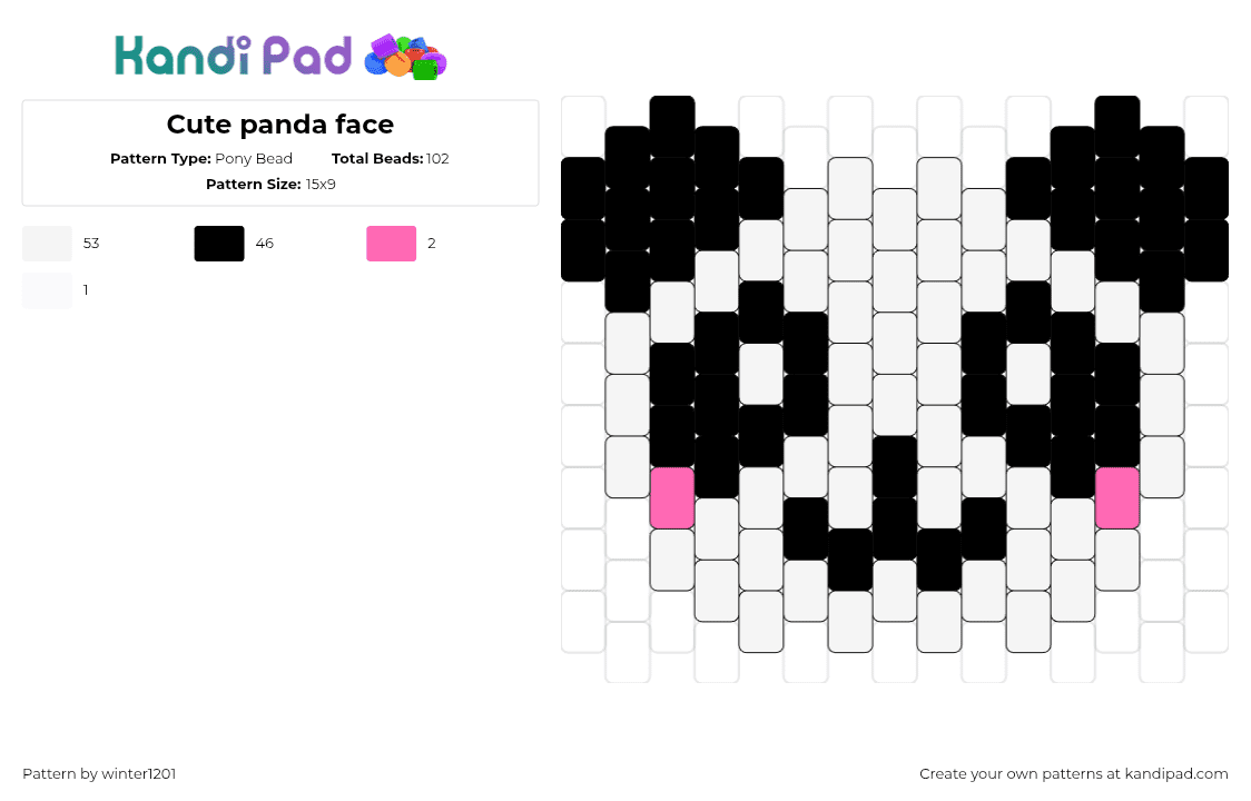 Cute panda face - Pony Bead Pattern by winter1201 on Kandi Pad - panda,bear,cute,head,charm,animal,white,black