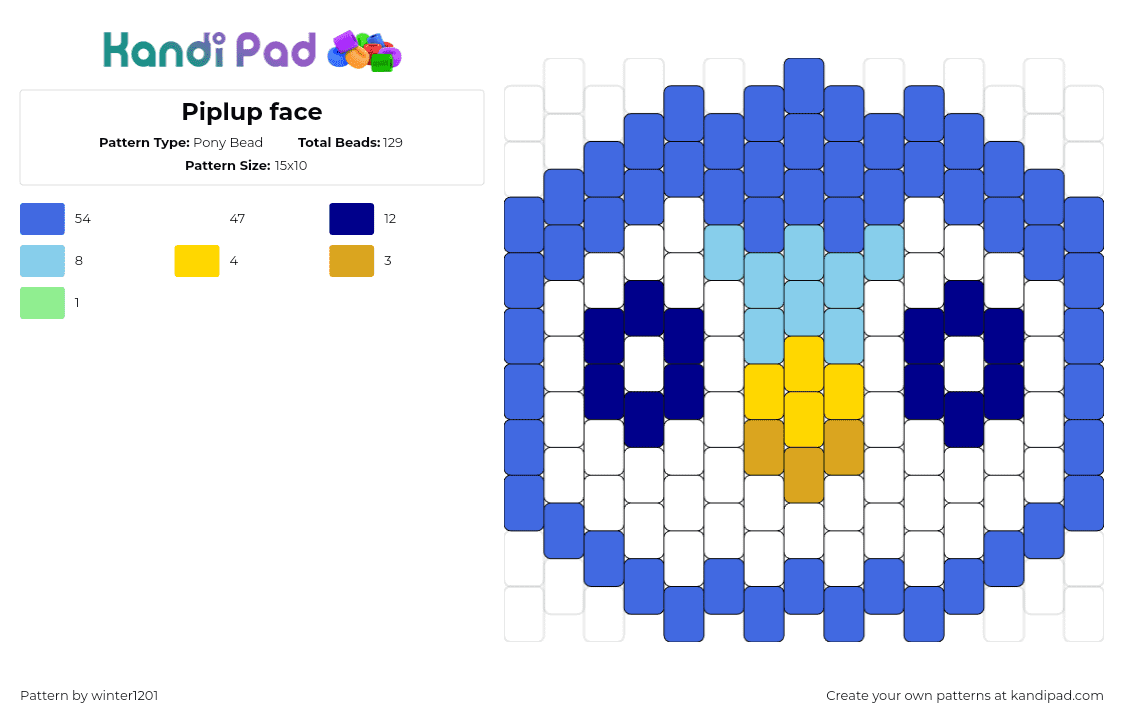 Piplup face - Pony Bead Pattern by winter1201 on Kandi Pad - piplup,pokemon,character,cute,gaming,penguin,blue,white