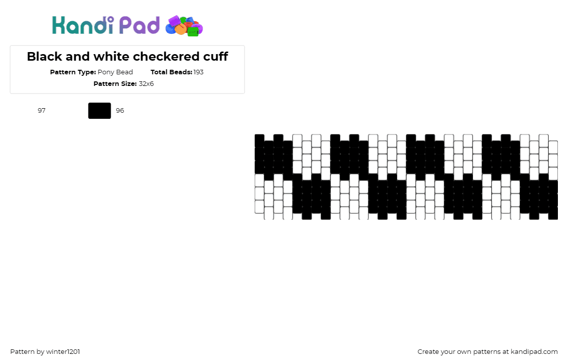 Black and white checkered cuff - Pony Bead Pattern by winter1201 on Kandi Pad - checkered,geometric,cuff,classic,monochromatic,black and white,style,timeless,fa