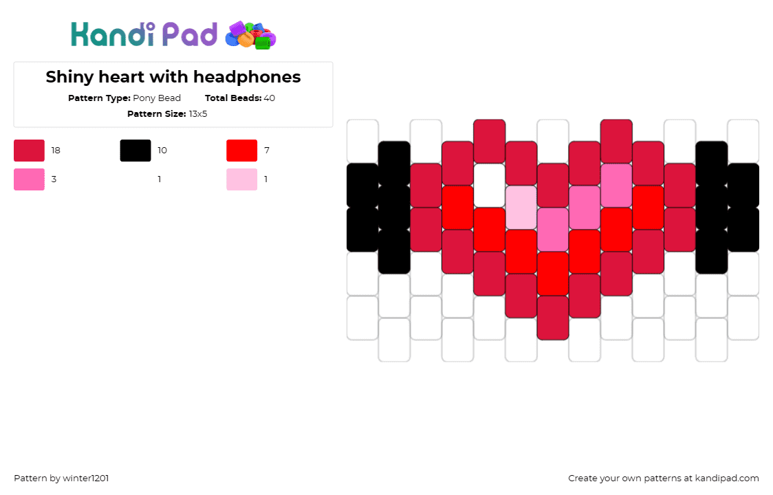 Shiny heart with headphones - Pony Bead Pattern by winter1201 on Kandi Pad - heart,headphones,love,music,passion for beats,shiny heart,red,black