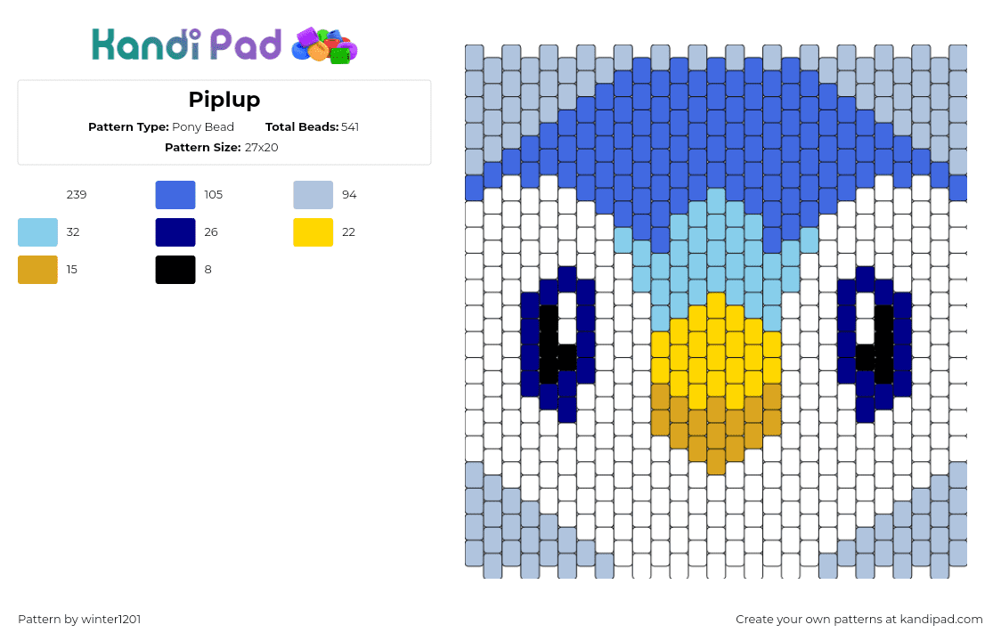 Piplup - Pony Bead Pattern by winter1201 on Kandi Pad - piplup,pokemon,panel,gaming,penguin,blue,white