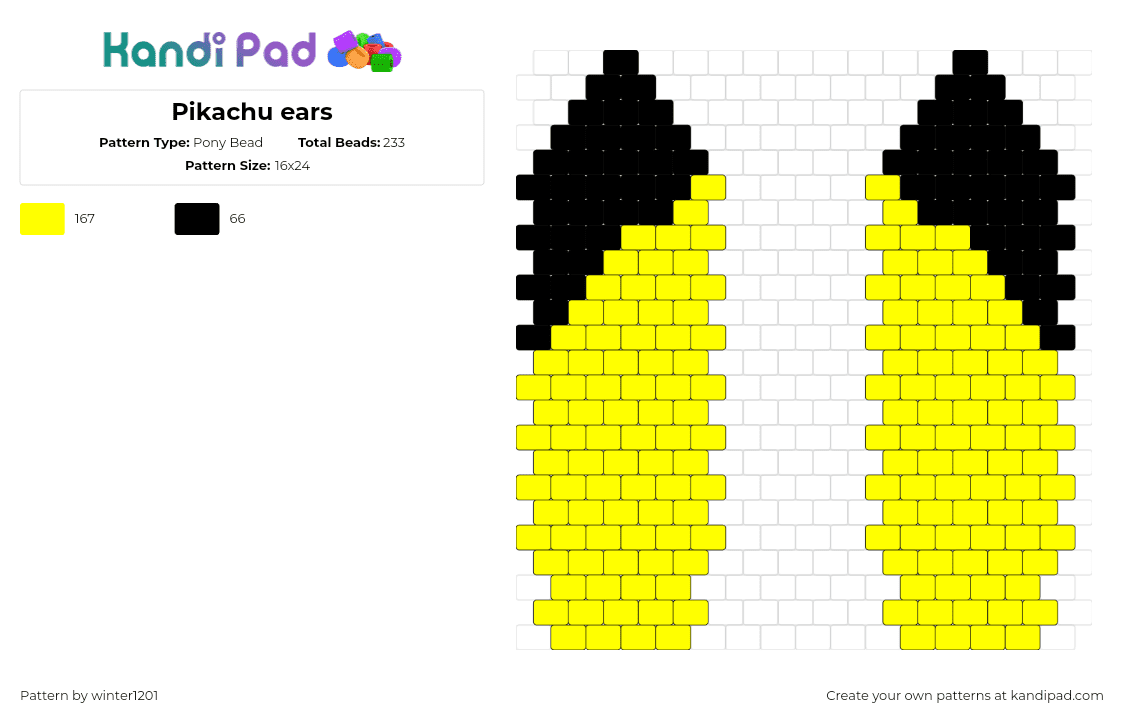 Pikachu ears - Pony Bead Pattern by winter1201 on Kandi Pad - ears,pikachu,pokemon,gaming,yellow,black