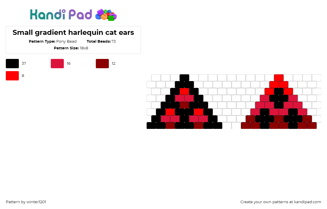 Small gradient harlequin cat ears - Pony Bead Pattern by winter1201 on Kandi Pad - harlequin,cat ears,geometric,gradient,black to red,vibrant,playful,stylish