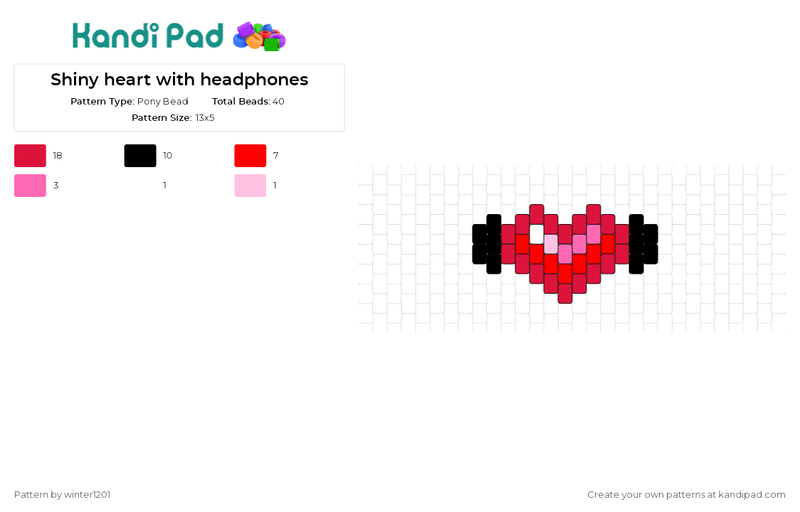 Shiny heart with headphones - Pony Bead Pattern by winter1201 on Kandi Pad - heart,headphones,love,music,charm,passion for beats,shiny heart,red,black