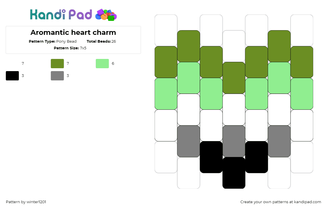 Aromantic heart charm - Pony Bead Pattern by winter1201 on Kandi Pad - aromantic,pride,heart,green,gray