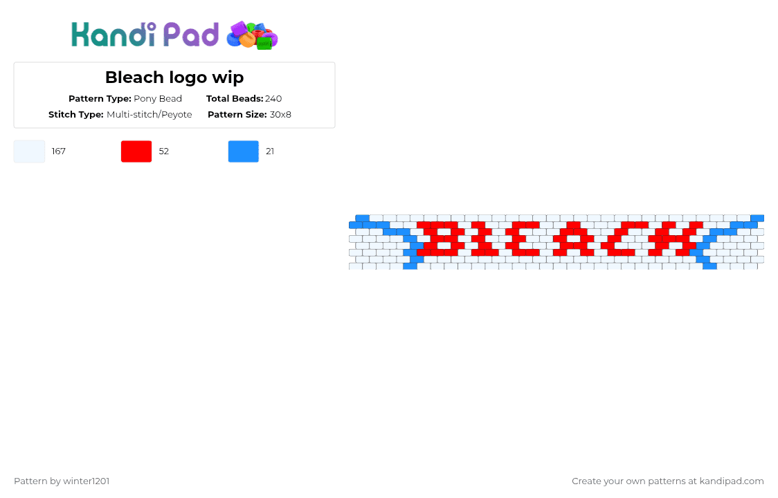 Bleach logo wip - Pony Bead Pattern by winter1201 on Kandi Pad - white,red,light blue
