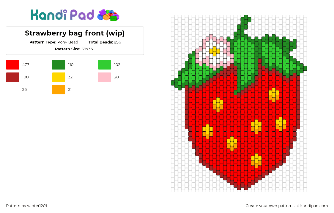 Strawberry bag front (wip) - Pony Bead Pattern by winter1201 on Kandi Pad - strawberry,fruit,bag,panel,red,green