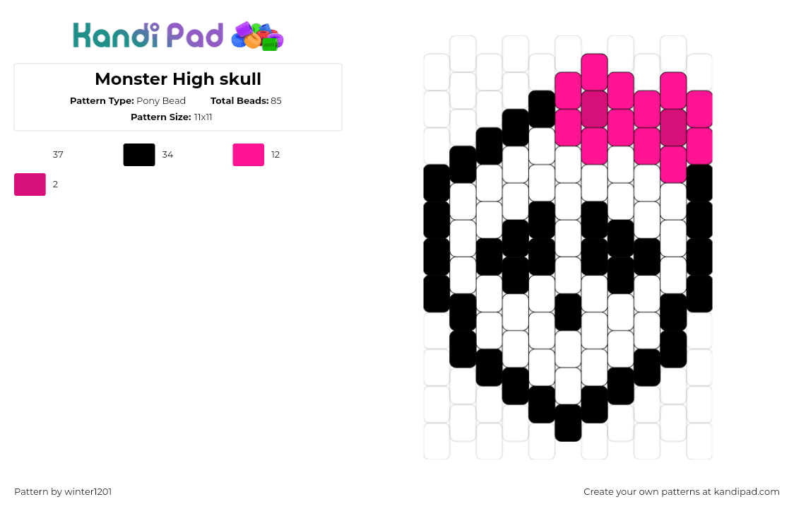 Monster High skull - Pony Bead Pattern by winter1201 on Kandi Pad - skull,monster high,bow,cute,spooky,white,pink