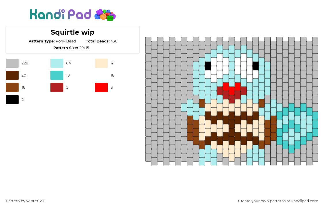 Squirtle wip - Pony Bead Pattern by winter1201 on Kandi Pad - squirtle,pokemon,starter,derpy,character,panel,light blue,gray,tan