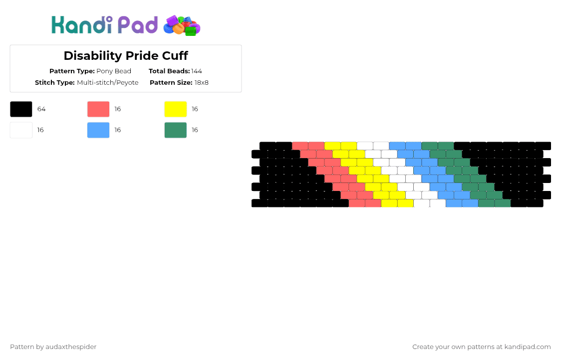 Disability Pride Cuff - Pony Bead Pattern by audaxthespider on Kandi Pad - red,yellow,light blue,teal,disability,pride,spoonie