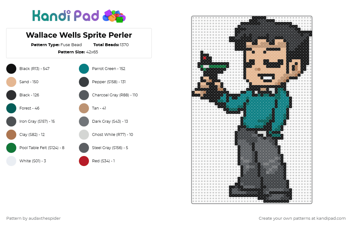 Wallace Wells Sprite Perler - Fuse Bead Pattern by audaxthespider on Kandi Pad - black,teal,gray,beige,scott pilgrim,spvtw,scottpilgrim,wallacewells,vs the world,sprite,game