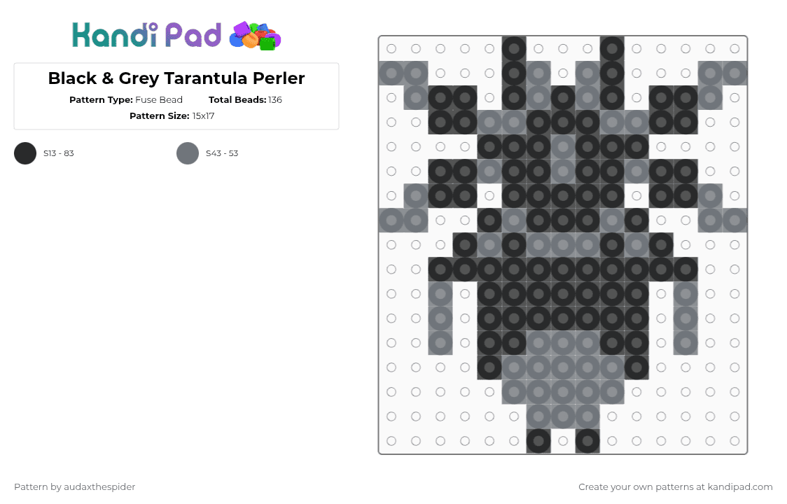 Black & Grey Tarantula Perler - Fuse Bead Pattern by audaxthespider on Kandi Pad - black,gray,spider,bug,arachnid