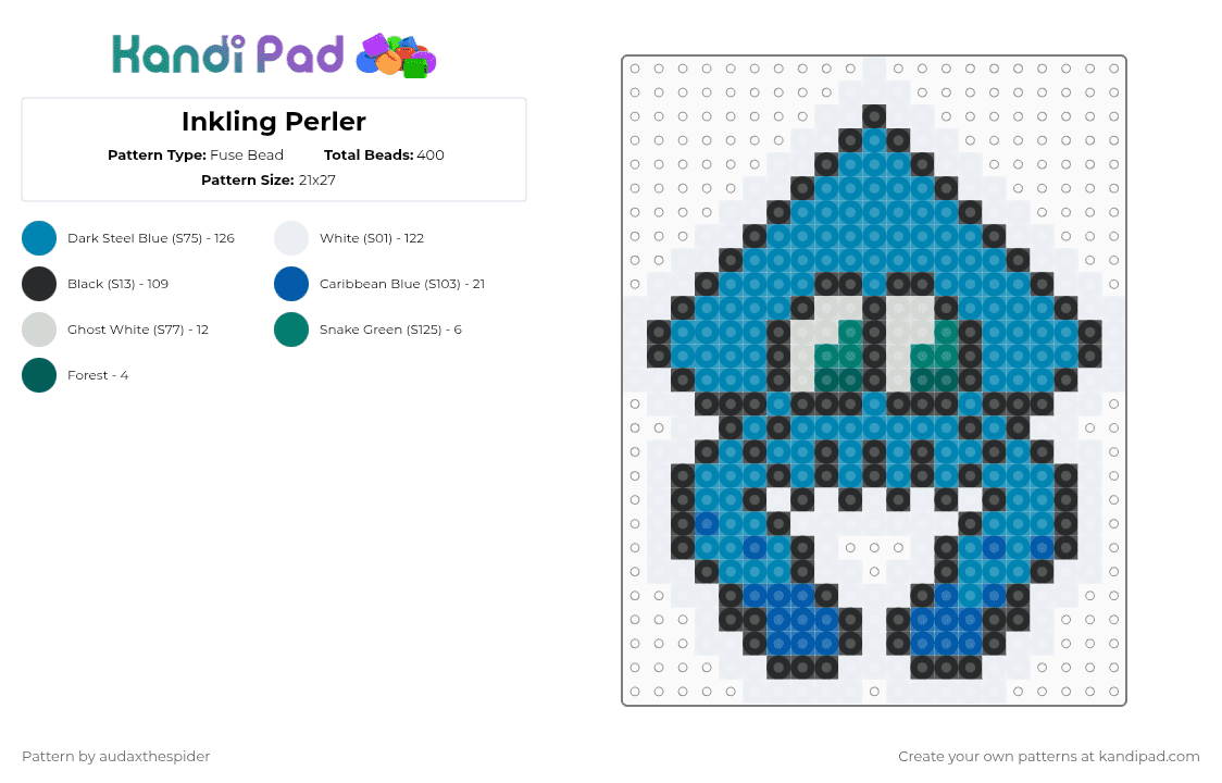 Inkling Perler - Fuse Bead Pattern by audaxthespider on Kandi Pad - white,light blue,splatoon,inkling,charm