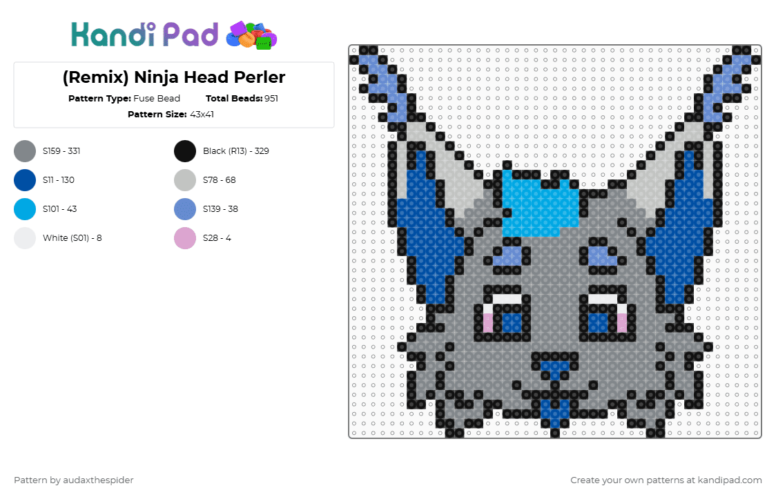 (Remix) Ninja Head Perler - Fuse Bead Pattern by audaxthespider on Kandi Pad - blue,gray,fursona,personal,furry,grey,black,white