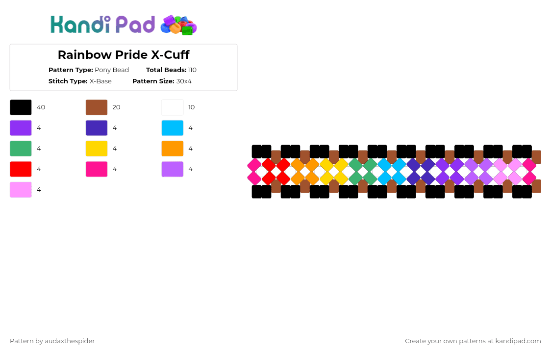 Rainbow Pride X-Cuff - Pony Bead Pattern by audaxthespider on Kandi Pad - purple,red,pink,xcuff,x cuff,pride,rainbow,stealth pride