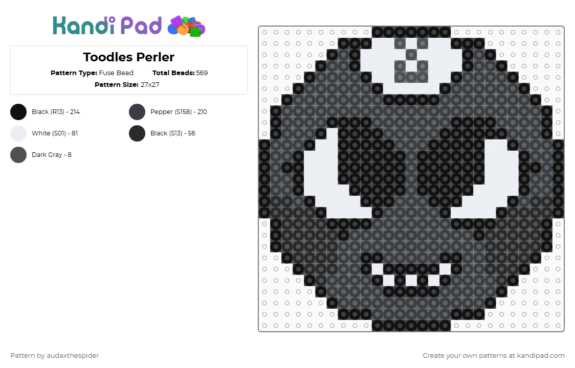 Toodles Perler - Fuse Bead Pattern by audaxthespider on Kandi Pad - black,white,dandys world,dandysworld,toodles,8ball,character,gray,grey