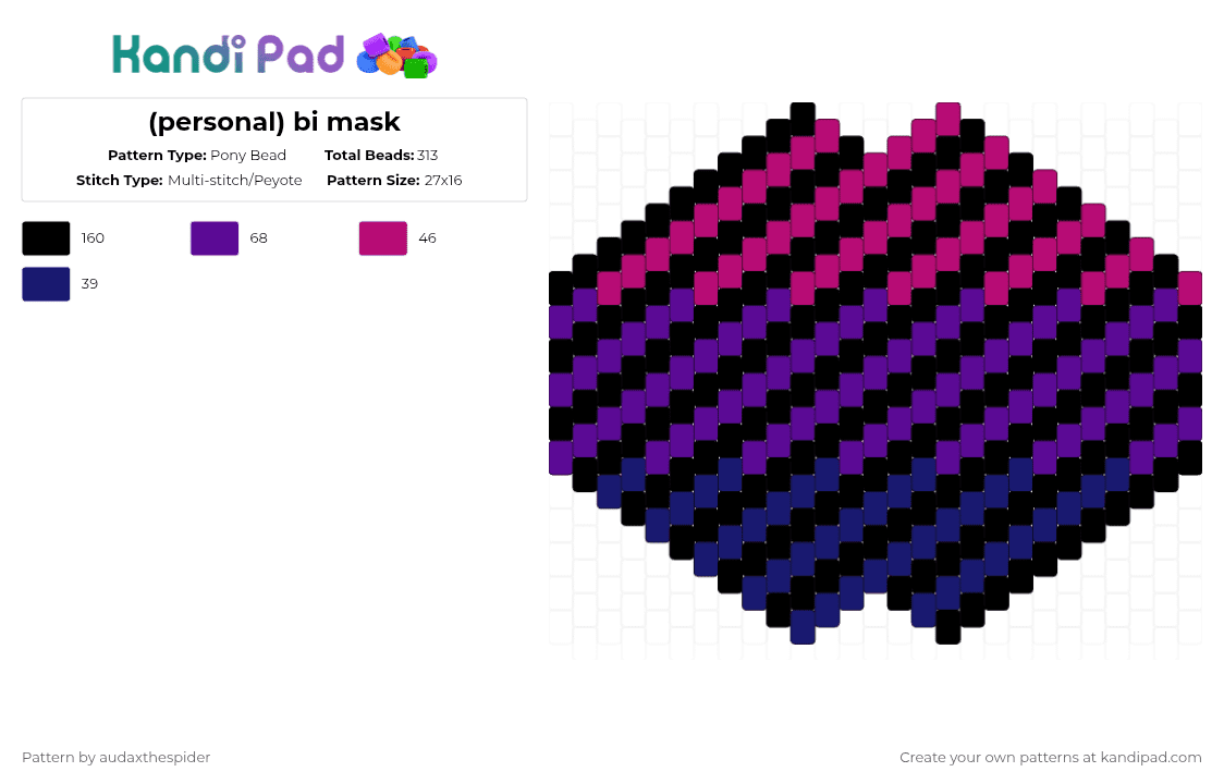 (personal) bi mask - Pony Bead Pattern by audaxthespider on Kandi Pad - purple,pink,pride,bisexual,bi,mask,blue,magenta