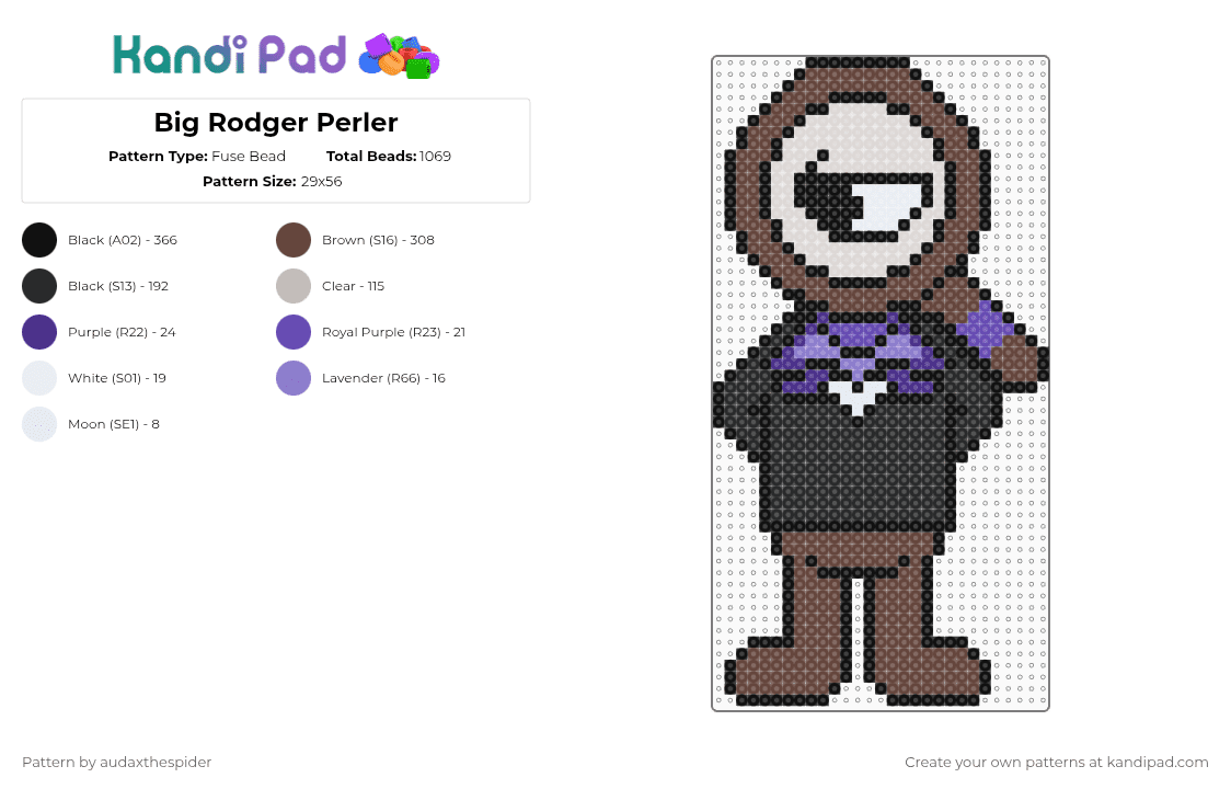 Big Rodger Perler - Fuse Bead Pattern by audaxthespider on Kandi Pad - black,brown,beige,dandys world,rodger,magnifying glass,clear,purple,gray