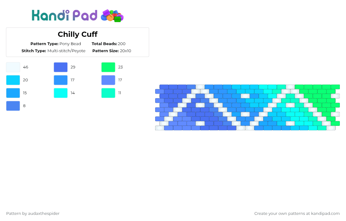 Chilly Cuff - Pony Bead Pattern by audaxthespider on Kandi Pad - light blue,blue,cotdcoolcolors,cool colors,teal,green,cold colors,gradient,geometric