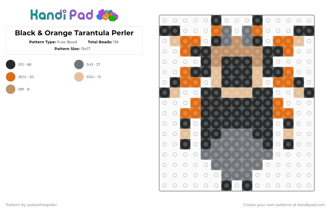 Black & Tan Tarantula Perler - Fuse Bead Pattern by audaxthespider on Kandi Pad - black,orange,gray,spider,tarantula,bug,arachnid,grey