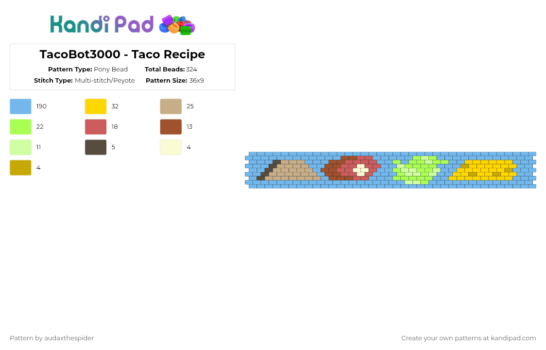 TacoBot3000 - Taco Recipe - Pony Bead Pattern by audaxthespider on Kandi Pad - light blue,parry gripp,raining tacos,taco,shell,meat,lettuce,cheese
