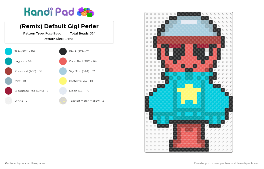 (Remix) Default Gigi Perler - Fuse Bead Pattern by audaxthespider on Kandi Pad - light blue,red,dandys world,dandysworld,gacha,gachapon,game,character