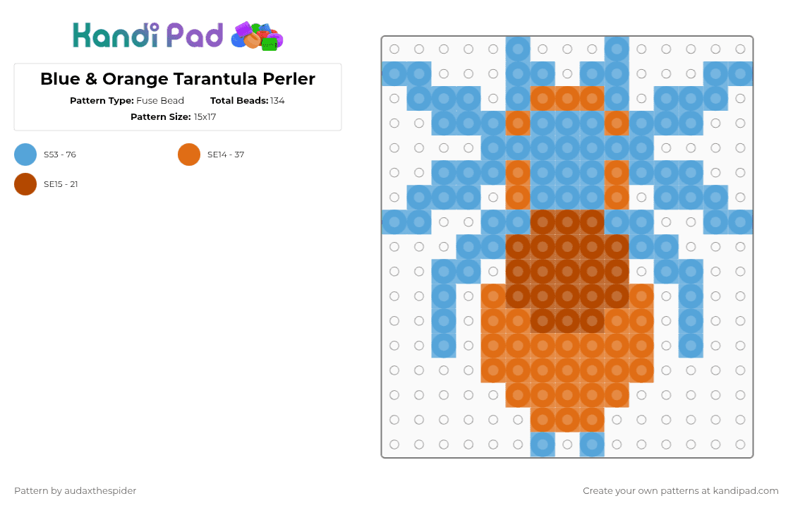 Blue & Orange Tarantula Perler - Fuse Bead Pattern by audaxthespider on Kandi Pad - light blue,tarantula,spider,bug,orange,blue,teal