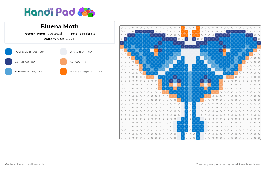 Bluena Moth - Fuse Bead Pattern by audaxthespider on Kandi Pad - blue,moth,insect,bug,orange