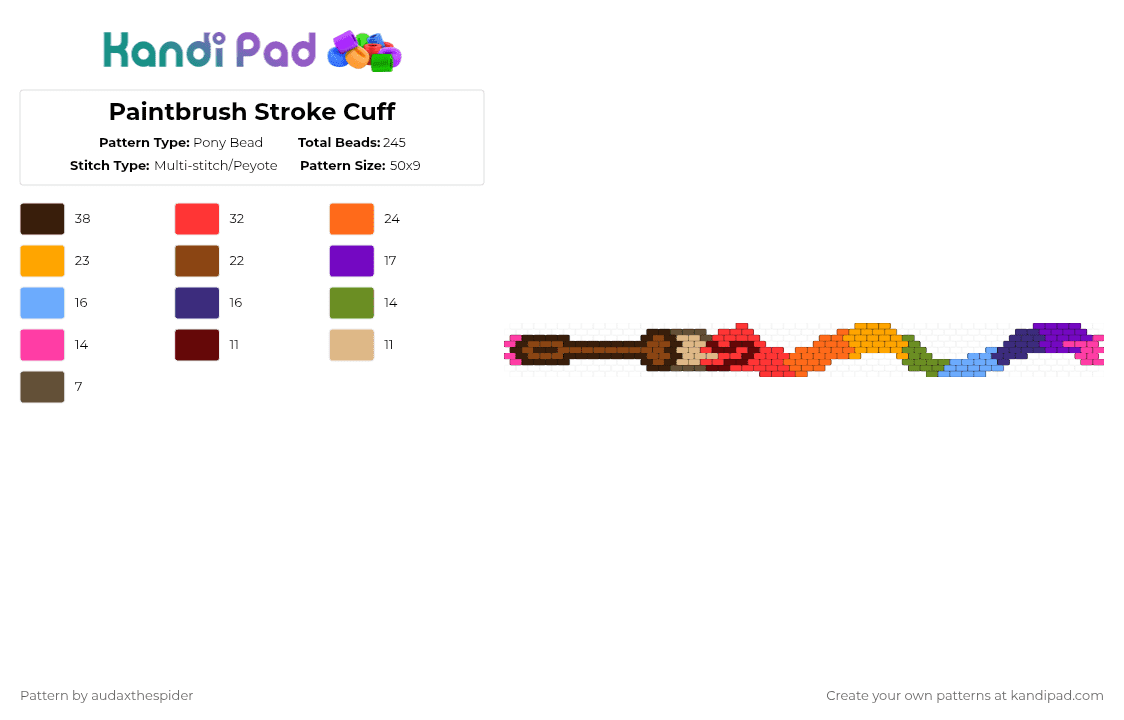 Paintbrush Stroke Cuff - Pony Bead Pattern by audaxthespider on Kandi Pad - brown,red,orange,purple,cotdbrushstrokes,rainbow,paintbrush,brushstroke,artsy,paint