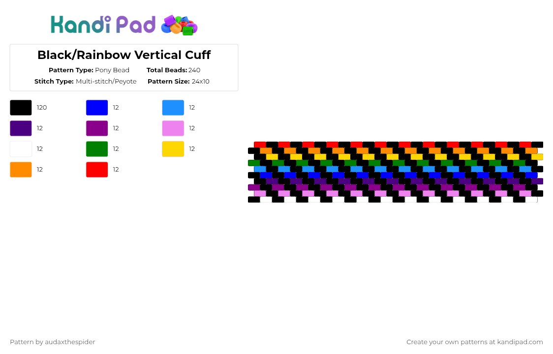 Black/Rainbow Vertical Cuff - Pony Bead Pattern by audaxthespider on Kandi Pad - black,purple,pink,cuff,scene,black and rainbow