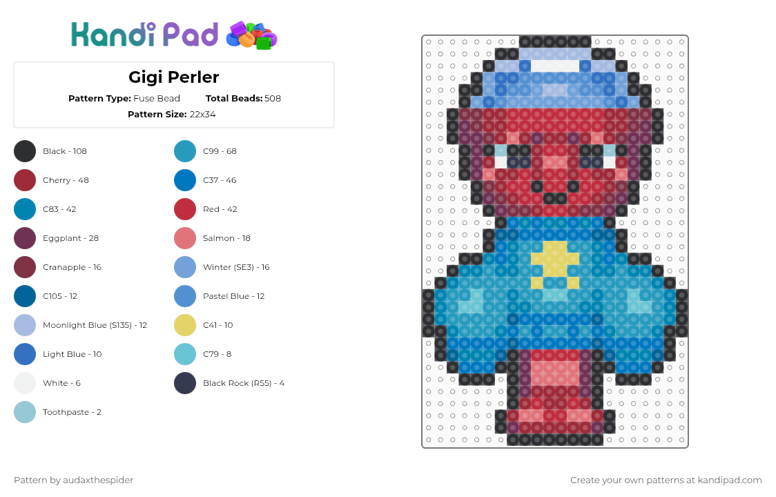 Gigi Perler - Fuse Bead Pattern by audaxthespider on Kandi Pad - blue,light blue,red,gacha,gachapon,dandysworld,gigi,game,shaded