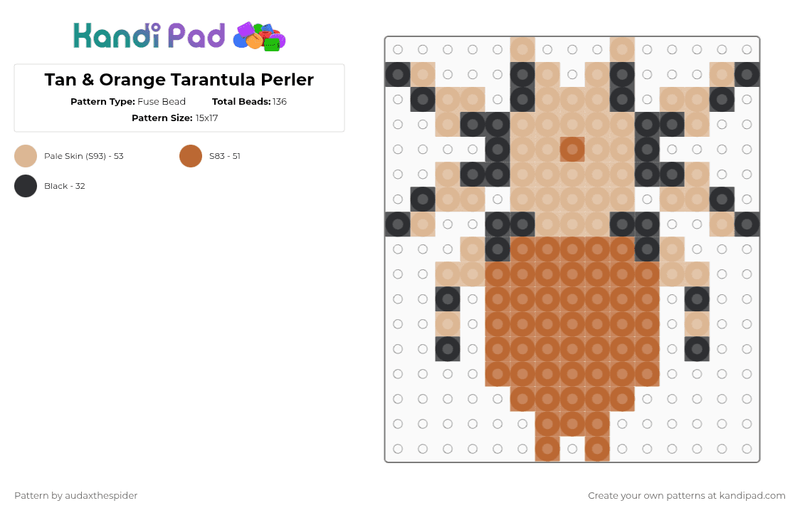Tan & Orange Tarantula Perler - Fuse Bead Pattern by audaxthespider on Kandi Pad - beige,tan,spider,arachnid,tarantula,orange,gray,black,bug