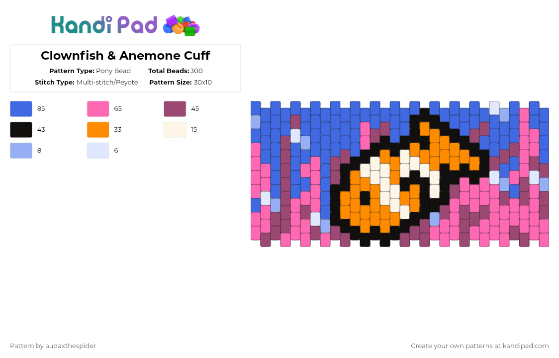 Clownfish & Anemone Cuff - Pony Bead Pattern by audaxthespider on Kandi Pad - pink,blue,cotdclownfish,anemone,clownfish,nemo,fish,underwater,frutiger aero,ocean