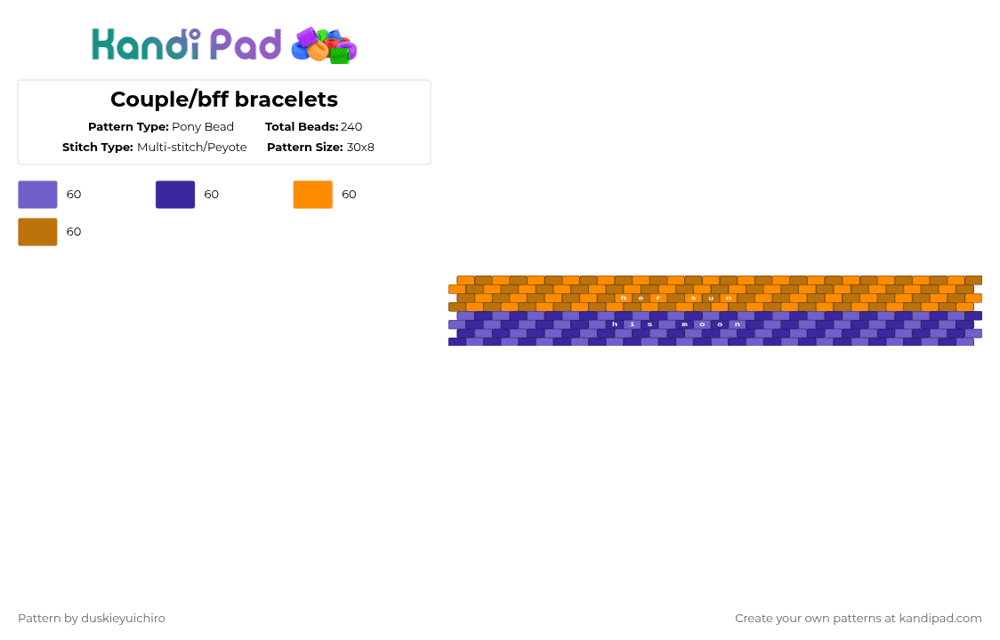 Couple/bff bracelets - Pony Bead Pattern by duskieyuichiro on Kandi Pad - blue,purple,orange,tan