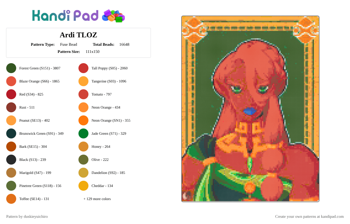 Ardi TLOZ - Fuse Bead Pattern by duskieyuichiro on Kandi Pad - orange,gold,red,legend of zelda,ardi,gerudo,games