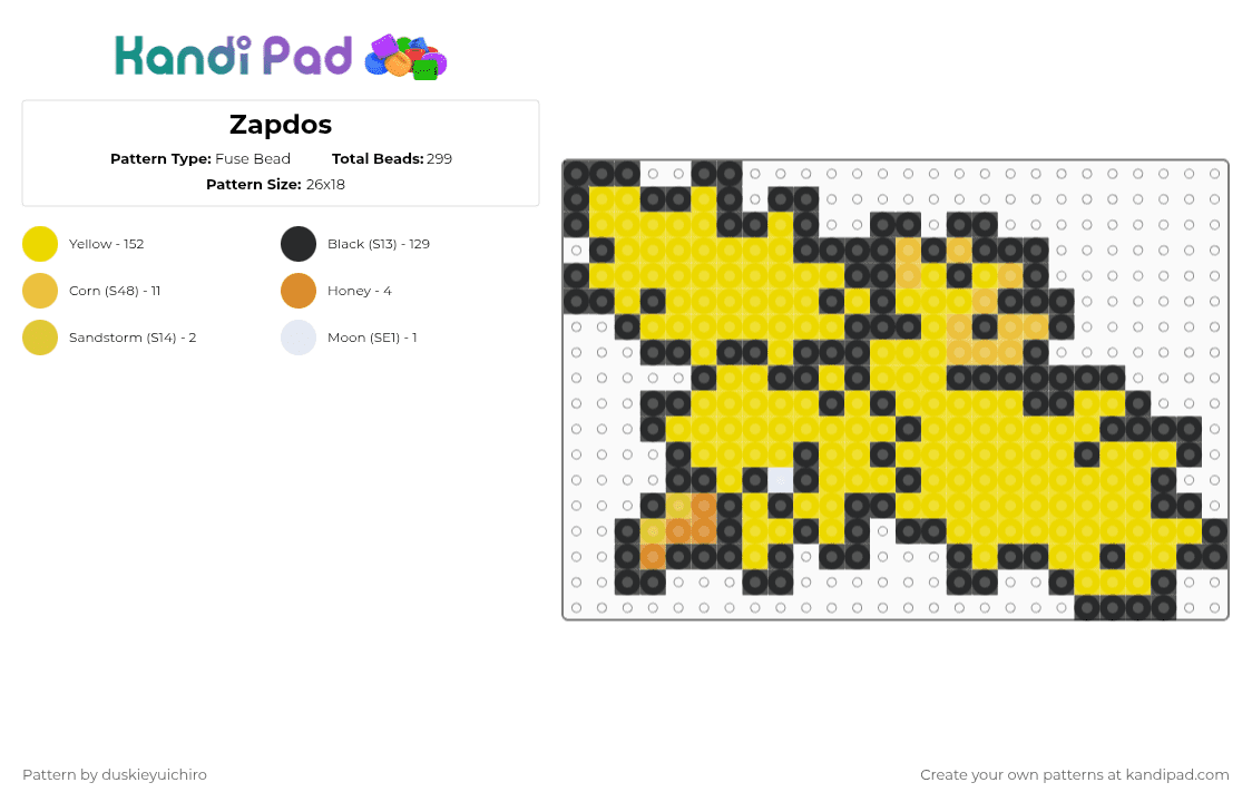 Zapdos - Fuse Bead Pattern by duskieyuichiro on Kandi Pad - yellow,zapdos,bird,pokemon