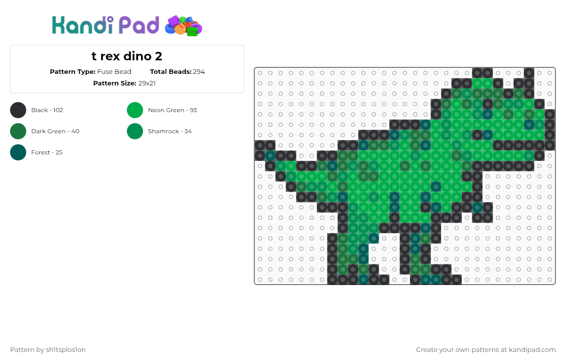 t rex dino 2 - Fuse Bead Pattern by sh1tsplos1on on Kandi Pad - green,t rex,dinosaur,animal
