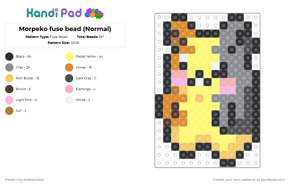 Morpeko fuse bead (Normal) - Fuse Bead Pattern by sh1tsplos1on on Kandi Pad - yellow,gray,morpeko,pokemon,tan,black,grey