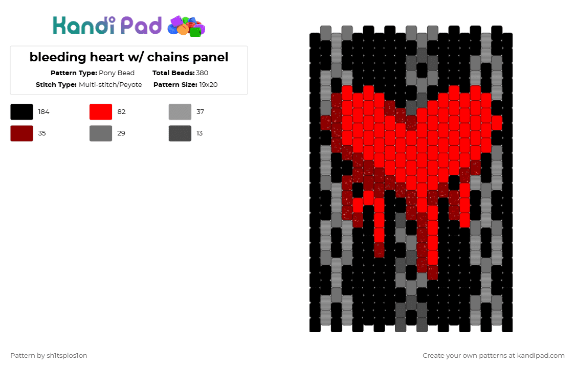 bleeding heart w/ chains panel - Pony Bead Pattern by sh1tsplos1on on Kandi Pad - gray,red
