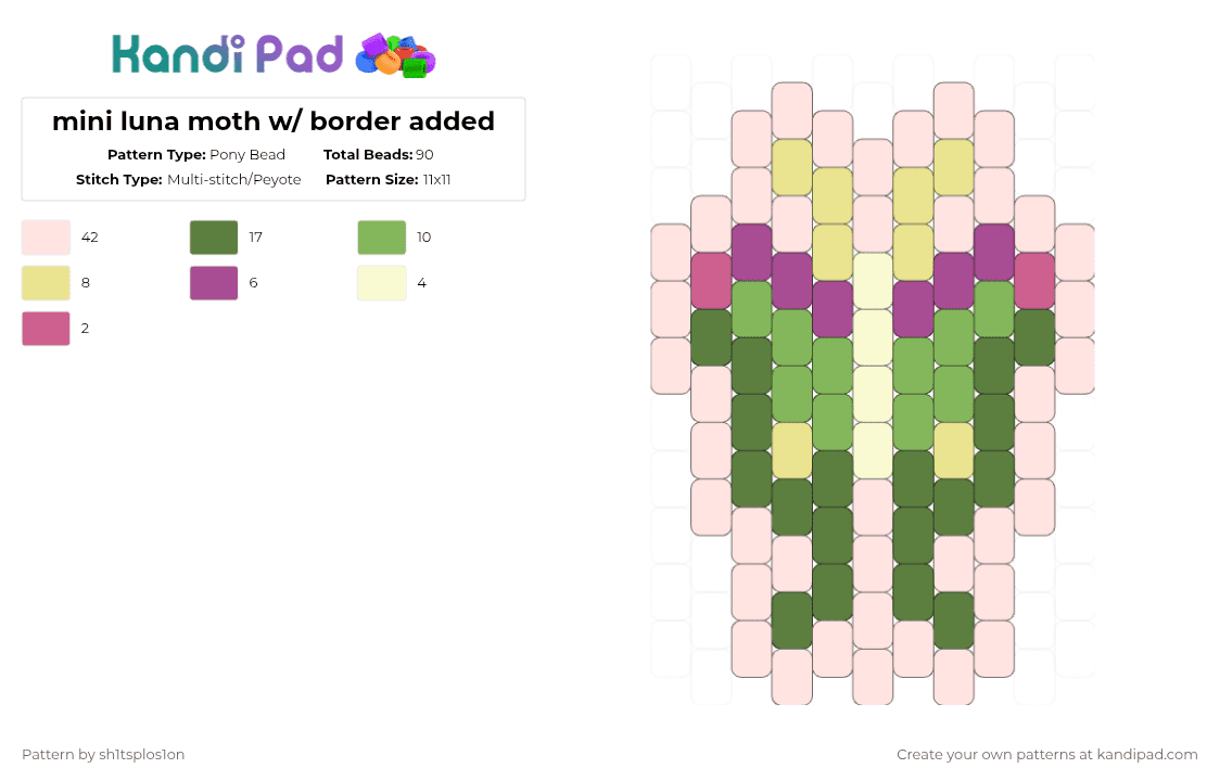 mini luna moth w/ border added - Pony Bead Pattern by sh1tsplos1on on Kandi Pad - white,green
