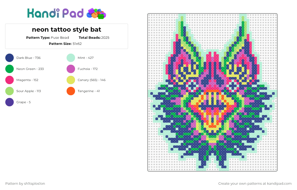 neon tattoo style bat - Fuse Bead Pattern by sh1tsplos1on on Kandi Pad - pink,light blue,blue,green,neon,bat,animal,tattoo,colorful