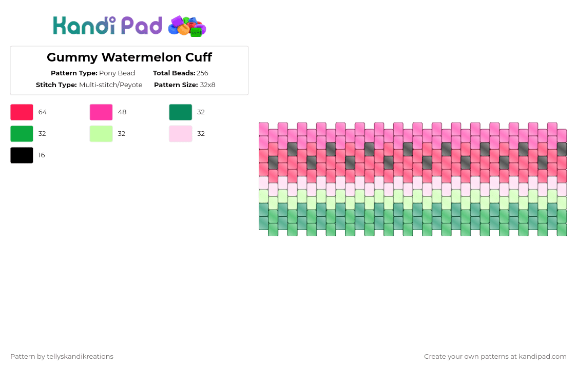 Gummy Watermelon Cuff - Pony Bead Pattern by tellyskandikreations on Kandi Pad - watermelon,cuff,candy,food,pink,red,melon,gummy,sweet,fruit,summery