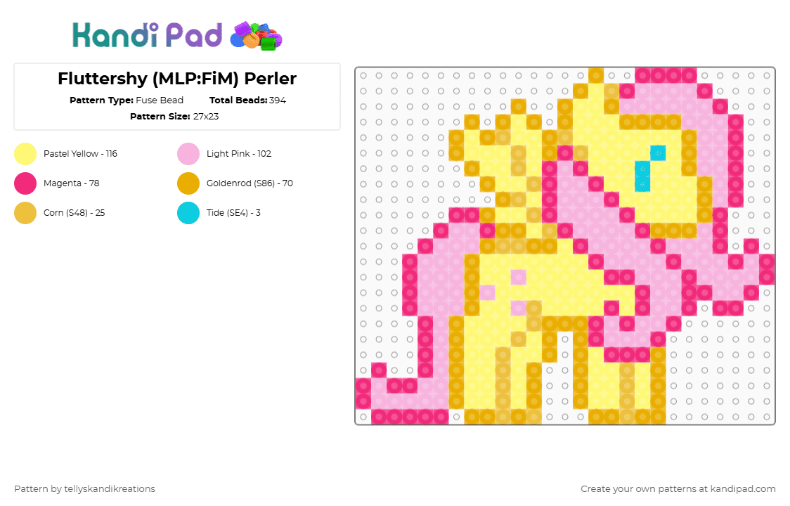 Fluttershy (MLP:FiM) Perler - Fuse Bead Pattern by tellyskandikreations on Kandi Pad - pink,yellow,mlp,my little pony,base,fluttershy